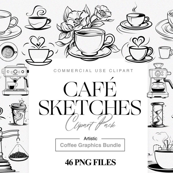 Watercolor Coffee Clipart, Black Coffee, Cafe, Espresso, Latte, Coffee Mug PNG, Kawaii Coffee, Line art