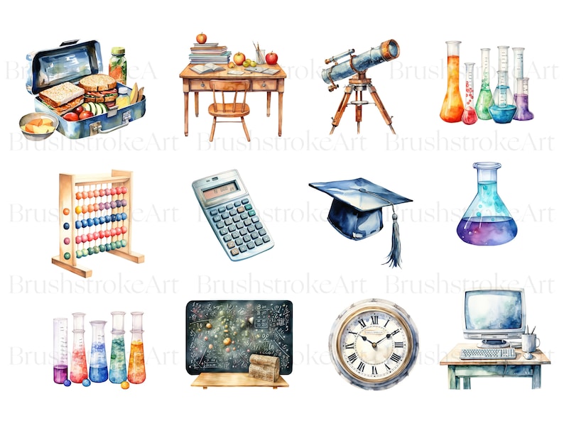 Pu&ograve; includere: Illustrazioni ad acquerello di vari materiali scolastici, tra cui una scatola per il pranzo, un abaco, una calcolatrice, un cappello di laurea, un telescopio, becher, una beuta, una lavagna, un orologio e un computer.