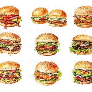 Op de afbeelding: Negen aquarel illustraties van verschillende soorten hamburgers. Elke hamburger heeft een andere toppingcombinatie, waaronder sla, tomaat, ui, kaas, augurken en een verscheidenheid aan sauzen.