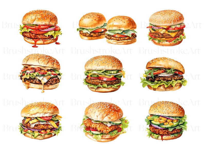 Op de afbeelding: Negen aquarel illustraties van verschillende soorten hamburgers. Elke hamburger heeft een andere toppingcombinatie, waaronder sla, tomaat, ui, kaas, augurken en een verscheidenheid aan sauzen.