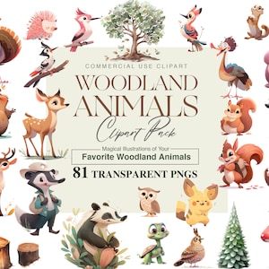 81 aquarelles animaux de la forêt, éléphant mignon, renard aquarelle, décoration de chambre d'enfant, clipart cerf, oiseau, clipart hibou