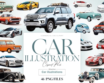 Car Illustration Clipart, Muscle Car Clipart, Sports Car PNG, Vintage Car Clipart, Car Digital Art, Car Lover