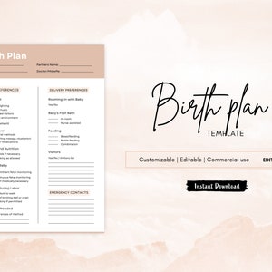 May include: A printable birth plan template with a pink watercolor background. The template includes sections for labor preferences, delivery preferences, and emergency contacts. The text "Birth Plan Template" is written in black cursive script at the top of the page. The text "Customizable | Editable | Commercial use" is written in black text below the title. The text "Edit in Canva" is written in a white rectangle with a black border. The text "Instant Download" is written in a black rectangle with a white border.