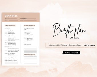 Plantilla de plan de parto imprimible, sección C, preferencias laborales, plan de parto editable, parto de sección C planificado
