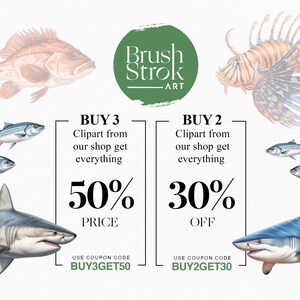 Puede incluir: Un gr&aacute;fico con un fondo blanco e ilustraciones coloridas de peces. El gr&aacute;fico anuncia una venta de clipart con el texto "BUY 3 Clipart from our shop get everything 50% PRICE USE COUPON CODE BUY3GET50" y "BUY 2 Clipart from our shop get everything 30% OFF USE COUPON CODE BUY2GET30".