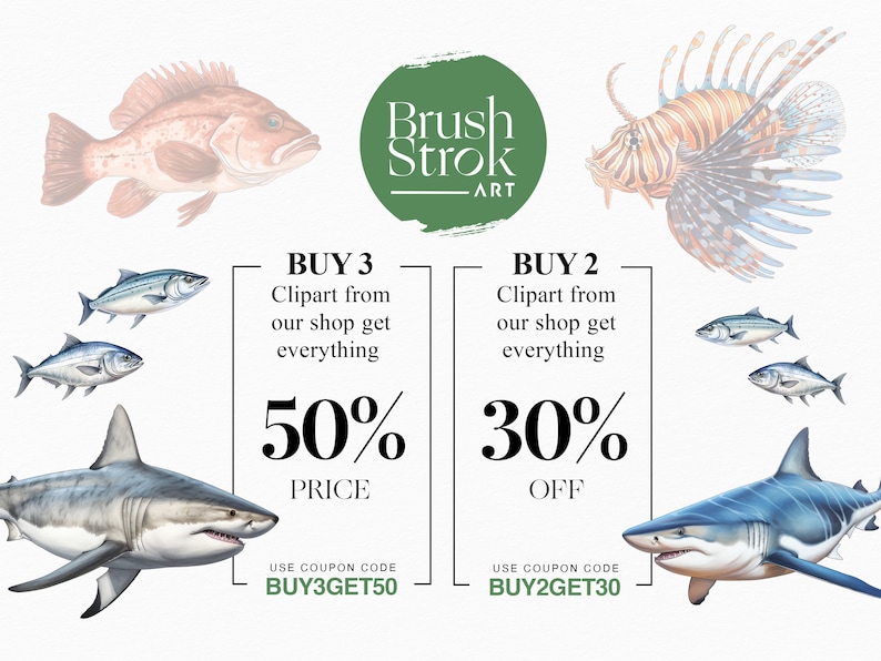Puede incluir: Un gr&aacute;fico con un fondo blanco e ilustraciones coloridas de peces. El gr&aacute;fico anuncia una venta de clipart con el texto "BUY 3 Clipart from our shop get everything 50% PRICE USE COUPON CODE BUY3GET50" y "BUY 2 Clipart from our shop get everything 30% OFF USE COUPON CODE BUY2GET30".