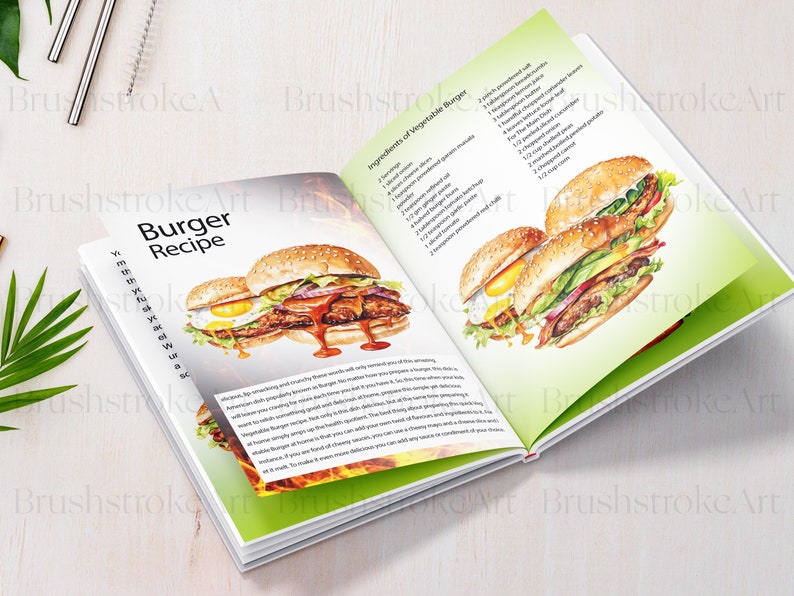 Op de afbeelding: Open kookboek met een recept voor een vegetarische burger. De pagina toont een aquarel-illustratie van een burger met een gebakken ei, avocado, tomaat, ui en sla. De ingredi&euml;ntenlijst bevat een verscheidenheid aan groenten, waaronder tomaten, komkommers en uien.