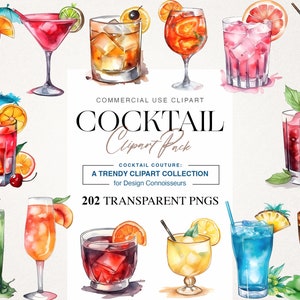 202 Clipart di cocktail, pacchetto di clipart di cocktail di colori dell'acqua, clipart di bevande alcoliche, illustrazioni di cocktail, collezione di arte digitale