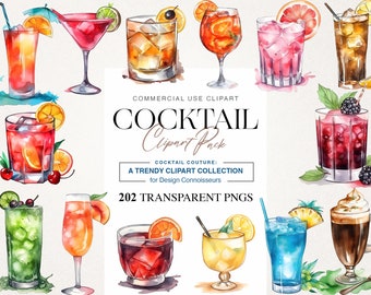 May include: A collection of 202 watercolor illustrations of cocktails, perfect for digital design projects. The illustrations feature a variety of cocktails, including margaritas, martinis, and daiquiris. The illustrations are all transparent PNG files, making them easy to use in any design project.