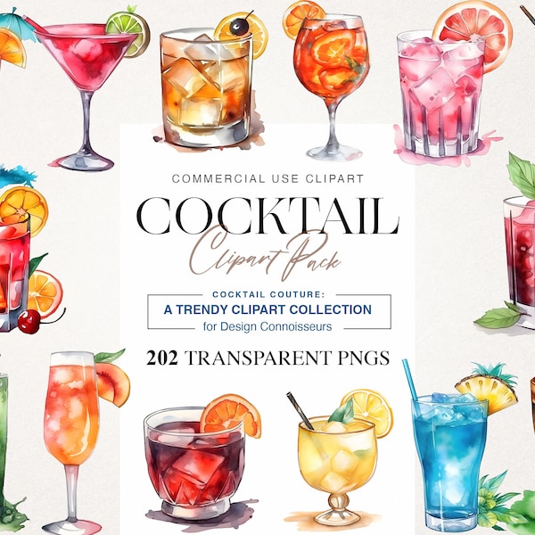 202 Cocktail Clipart, Water Color Cocktail Clipart Pack, Alcohol drinks Clipart , Cocktail illustrations, Digital Art Collection