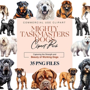 May include: A digital clipart pack featuring 35 PNG files of various dog breeds, including a Siberian Husky, Great Dane, Bernese Mountain Dog, and a Doberman Pinscher. The clipart is labelled "Mighty Taskmasters Dogs Clipart Pack" and "Capturing the Strength and Beauty of Working Dogs".