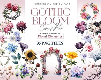 Watercolor Gothic Flower Clipart, Gothic Graphics, Watercolor Black Rose, Watercolor Bouquets, Gothic PNG
