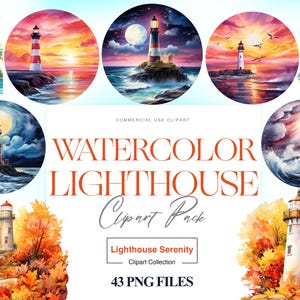 43 Watercolor Lighthouse Clipart, Seaside, Lighthouse PNG, Beach Clipart, Sunrise Wall Art, Nautical Clipart