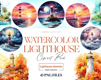 43 Watercolor Lighthouse Clipart, Seaside, Lighthouse PNG, Beach Clipart, Sunrise Wall Art, Nautical Clipart