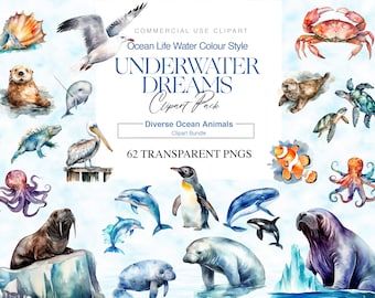 Watercolor Ocean Animals Clipart, Underwater Animals, Sea Life, Dolphin Clipart, Shark, Octopus, Turtle PNG