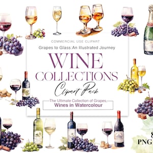 Wine Clipart Collection - Exclusief Grapes to Glass Clipart Pack: ontwerpen voor rode wijn en witte wijn samen met druivenafbeeldingen. Aquarel wijn