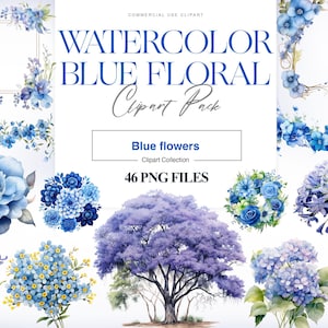 Blue Floral Clipart, Watercolor Flower, Blue Roses, Floral Frames, Blue Border, Flower Clipart, Blue Wedding