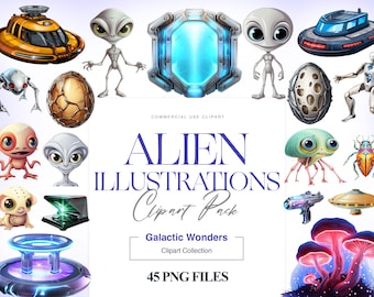 45 imágenes prediseñadas alienígenas, lindo bebé alienígena, imágenes prediseñadas OVNI, nave espacial, alienígena verde, imágenes prediseñadas del planeta, espacio, gráficos alienígenas