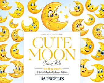 Cute Moon Clipart, Half Moon Clipart, Moon Illustration, Magical Moon Graphics, Crescent Moon, Happy Moon PNG