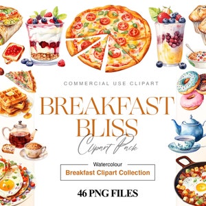 Clipart petit déjeuner aquarelle, café et thé, gaufre, banane, œufs et bacon, petit déjeuner anglais, nourriture PNG