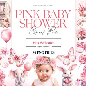 Pink Baby Shower Clipart, Watercolor Baby Girl, Gender Reveal, Its a Girl Clipart, Newborn Baby, Pink Balloon