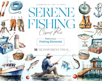 Clipart di pesca ad acquerello, pescatore, barattolo di vermi, canne da pesca, barca, andato a pescare, festa del papà, pesce PNG
