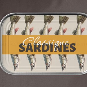 May include: A vintage-style can of sardines with a yellow label that reads "Classique Sardines". The label features a repeating pattern of stylized fish with red eyes.