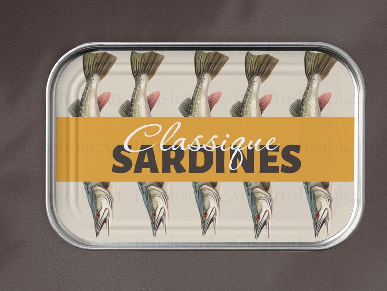 May include: A vintage-style can of sardines with a yellow label that reads "Classique Sardines". The label features a repeating pattern of stylized fish with red eyes.