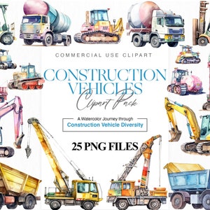 Op de afbeelding: Een set van 25 aquarel illustraties van bouwvoertuigen. De voertuigen zijn felgekleurd en omvatten een vorkheftruck, een betonmixer, een bulldozer, een graafmachine, een kraan en een kiepwagen. De illustraties zijn perfect voor gebruik in scrapbooking, kaartmaken en andere knutselprojecten.