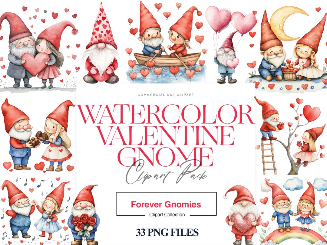 Valentine Gnomes Clipart, Cute Gnomes PNG, Pink Gnome, Watercolor Love ...