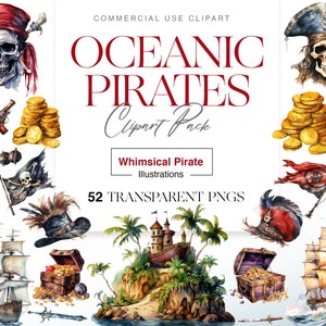 Aquarell Piraten Clipart, Piratenschiff, Hut, Stiefel, Schädel, Schatzkarte, Insel, Meer Clipart, Schädel PNG