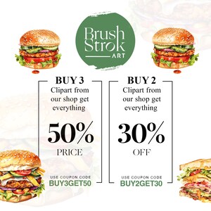 Op de afbeelding: Een digitale illustratie van aquarel-achtige hamburgers en sandwiches met tekst die "Brush Strok ART" en "BUY 3 Clipart from our shop get everything 50% PRICE USE COUPON CODE BUY3GET50" en "BUY 2 Clipart from our shop get everything 30% OFF USE COUPON CODE BUY2GET30" zegt.