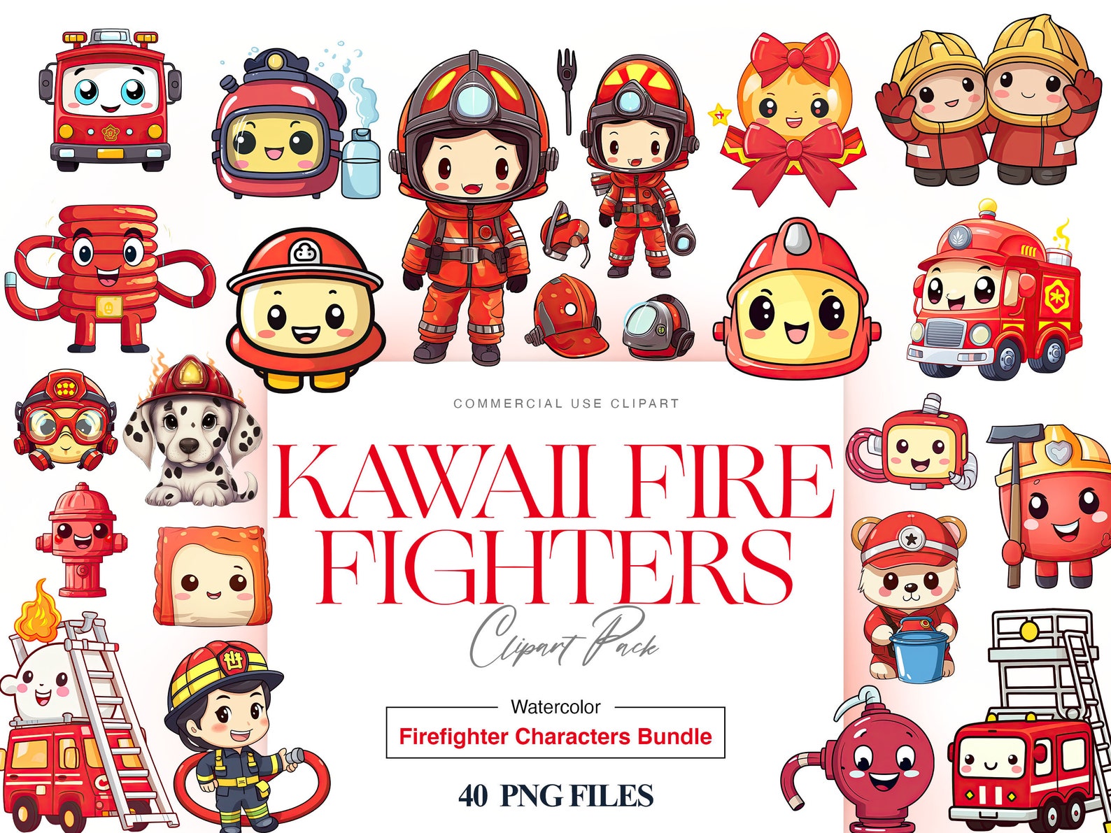 40 Kawaii Fire Fighter Clipart, Cute Fireman, Fire Truck, Watercolor ...