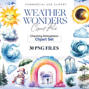 Watercolor Weather Clipart, Storm, Cloud, Thunder Lightning, Rainbow, Sun PNG, Nursery Clipart for Teachers