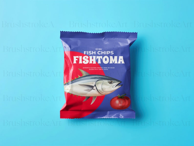 Puede incluir: Una bolsa azul y roja de patatas fritas de pescado Fishtoma con una ilustraci&oacute;n de dibujos animados de un pez y un tomate. La bolsa tiene el texto "Fish Chips Fishtoma" y "Authentic Seafish Straight from the Ocean Seasoned with Tomato Sauce."