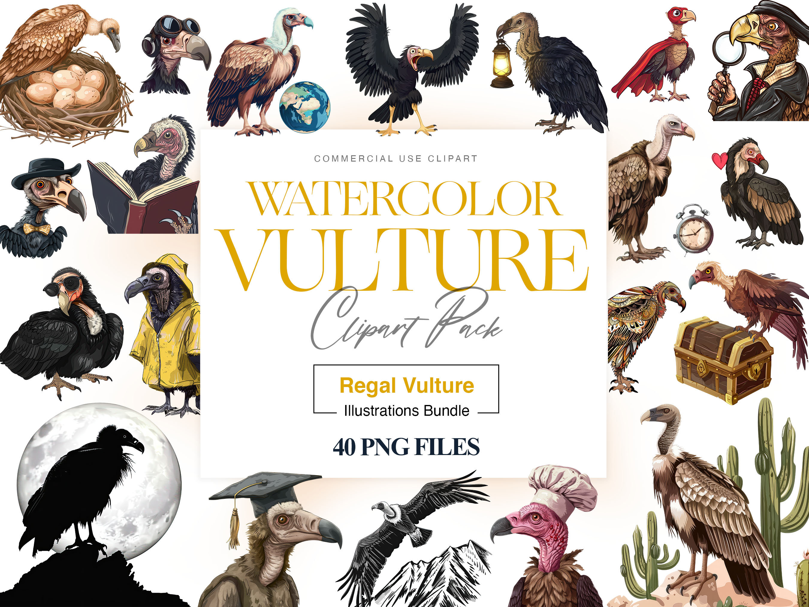 Watercolor Vulture Clipart, Turkey Vulture Bird, Buzzard Vulture