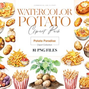 Imágenes prediseñadas de papas en acuarela, papas al horno, comida para el desayuno, imágenes prediseñadas de papas fritas, menú de comida, gráficos PNG de papas