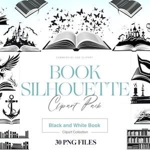 May include: A set of 30 black and white book silhouette clip art images. The images include books with various designs, such as a castle, a phoenix, a feather, and a lighthouse. The text "BOOK SILHOUETTE Clipart Pack" is displayed in the centre of the image.