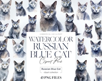 Russian Blue Cat Clipart, Cat Breeds, Russian Blue PNG, Watercolor Cat, Nursery Decor, Cute Cats Clipart, Pet