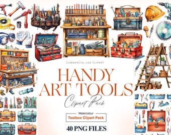 Watercolor Tools Clipart, Men PNG, Handyman, Mechanic Tools, Toolbox, Hammer, Screwdriver, Drill, Spanner