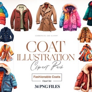 May include: A set of 34 digital illustrations of various coats, including a rainbow puffer jacket, a brown trench coat, a blue denim jacket, and a red and white plaid coat. The illustrations are in a cartoon style and are perfect for use in digital projects.