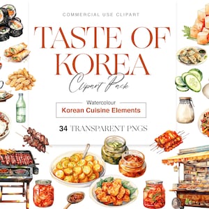 Watercolor Korean Food Clipart, Traditional Korean, Kimchi Clipart, Tteokbokki Clipart, Soju Beer, Korean BBQ