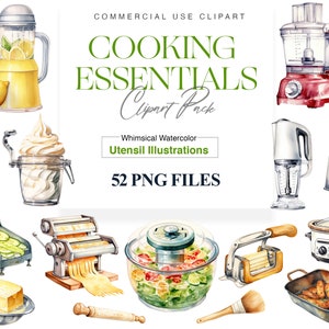 Watercolor Kitchen Clipart, Kitchen Utensils, Tools, Pots, Baking, Cooking, Food Clipart, Vintage Kitchen PNG