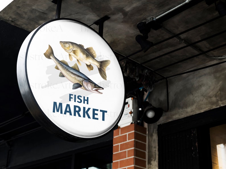 May include: A white round sign with a black border hangs above a brick wall. The sign has a graphic of two fish and the text "FISH MARKET" in blue letters.