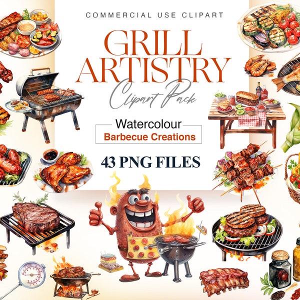 Grill Clipart Pack, Watercolor Barbecue Party, Summer Picnic, Food Graphics, American Culture, BBQ PNG
