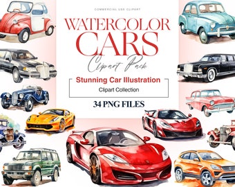 Watercolor Car Clipart, Muscle Car Clipart, Sports Car PNG, Vintage Car Clipart, Car Digital Art, Car Lover