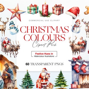 Watercolor Christmas Clipart, Christmas Tree, Santa, Reindeer, Snowman, Ornaments, Decoration, Christmas Card