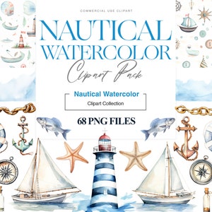 Clipart nautico dell'acquerello, spiaggia costiera, clipart di vela, conchiglie, clipart del faro, salvagente, bussola