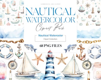 Clipart nautico dell'acquerello, spiaggia costiera, clipart di vela, conchiglie, clipart del faro, salvagente, bussola