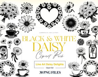 Daisy Line Art, Daisy Flower Clipart, Floral Line Art, Daisy Procreate, Black and White, Daisy PNG, Botanical